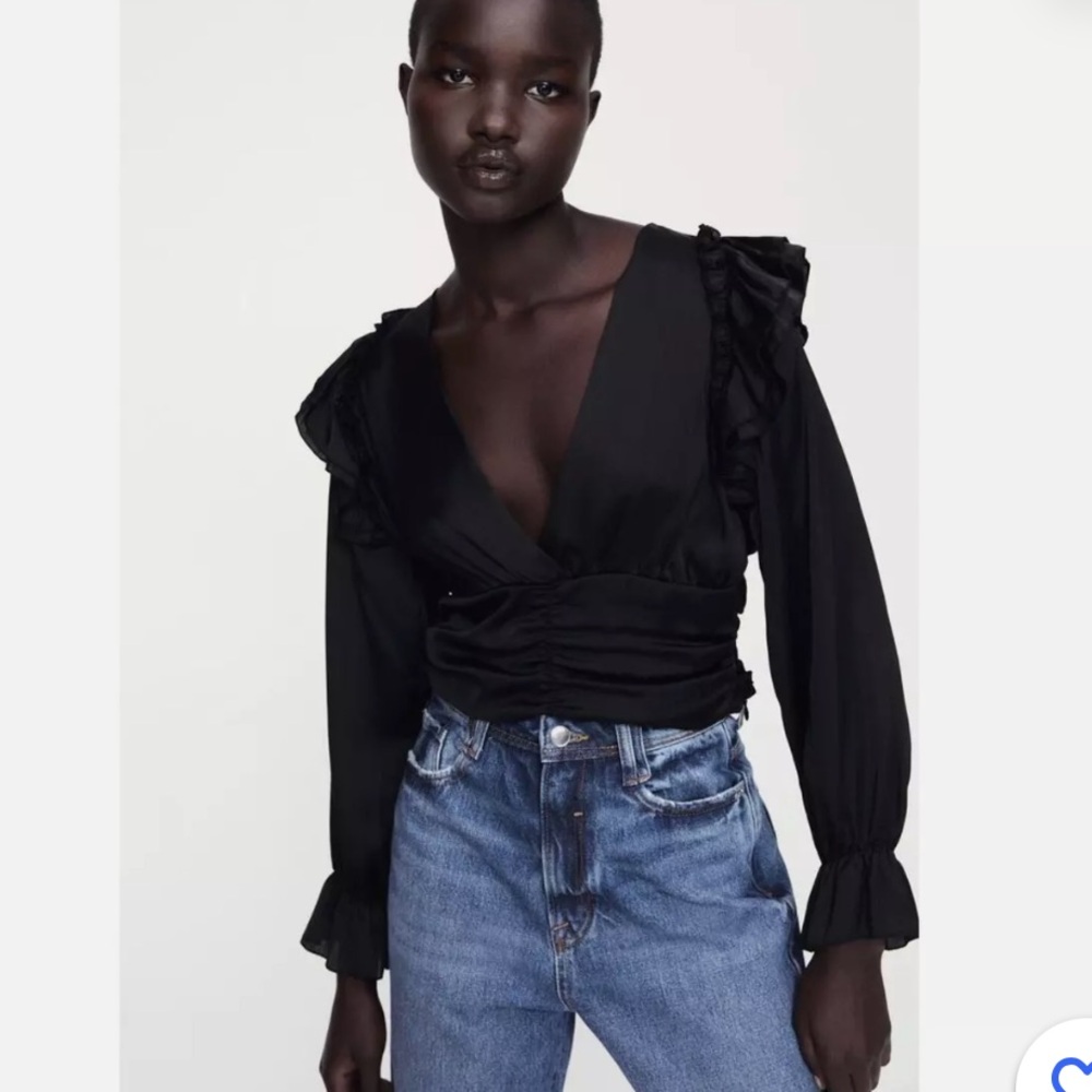 Zara Black Ruffle Long Sleeve Top